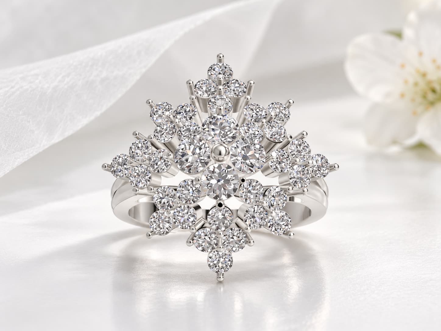 Snowflake Cluster Ring with Round Stones and Split Shank in white gold