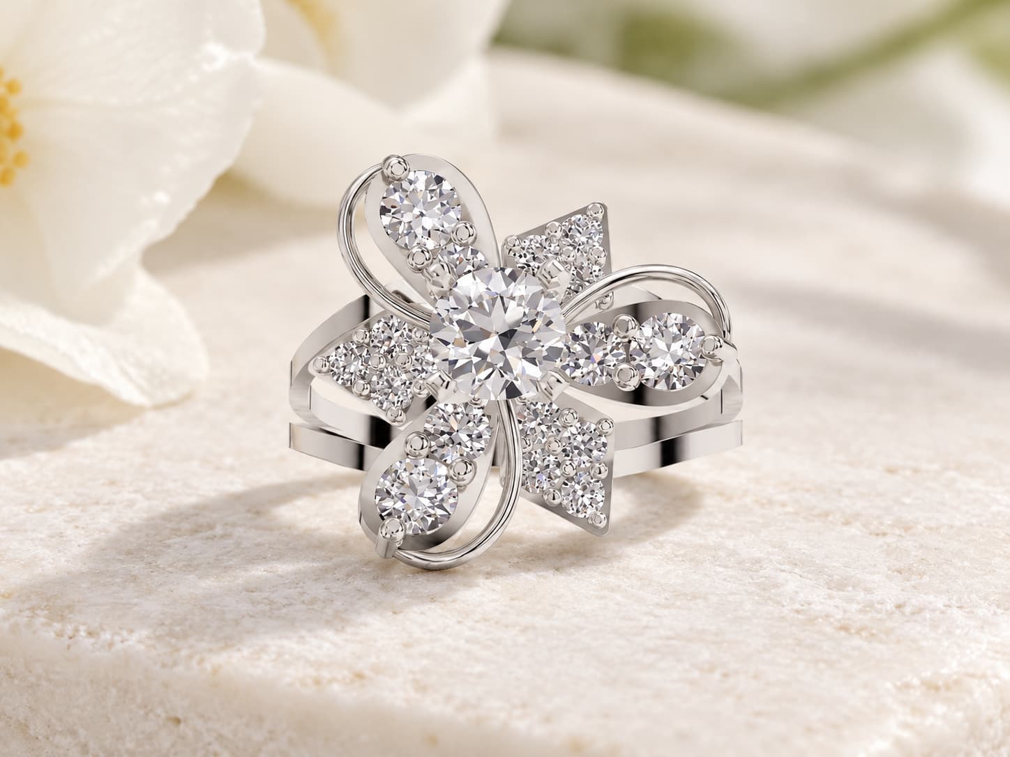 Round Floral Cluster Split-Shank Engagement Ring in white gold