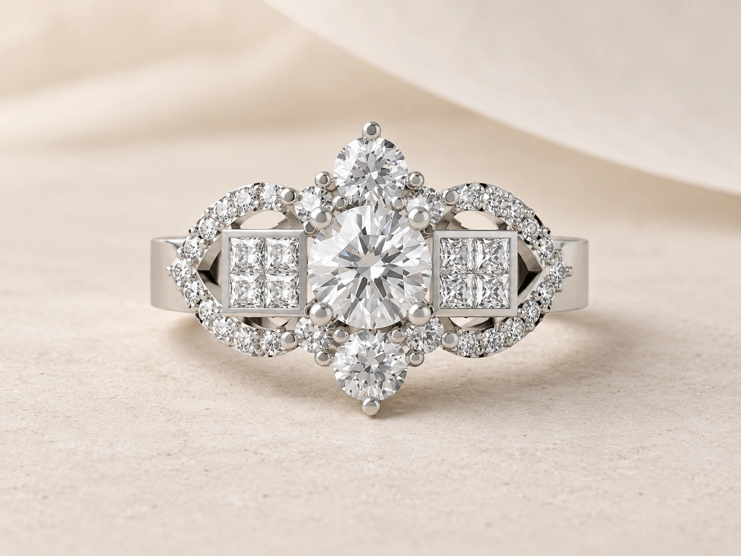 Ornate Cathedral Engagement Ring in white gold, product photo