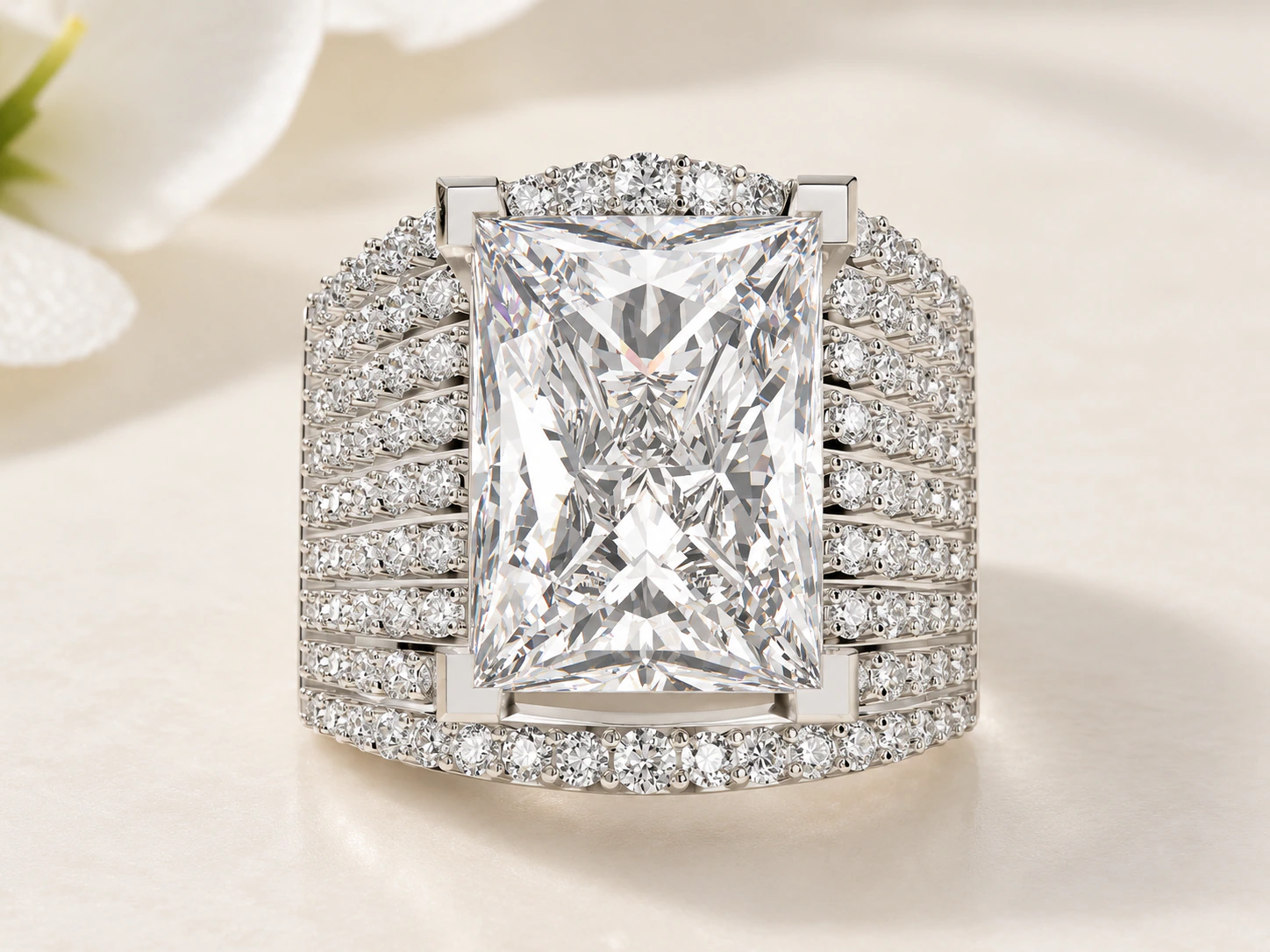 Wide Pavé Frame Engagement Ring in white gold, product photo