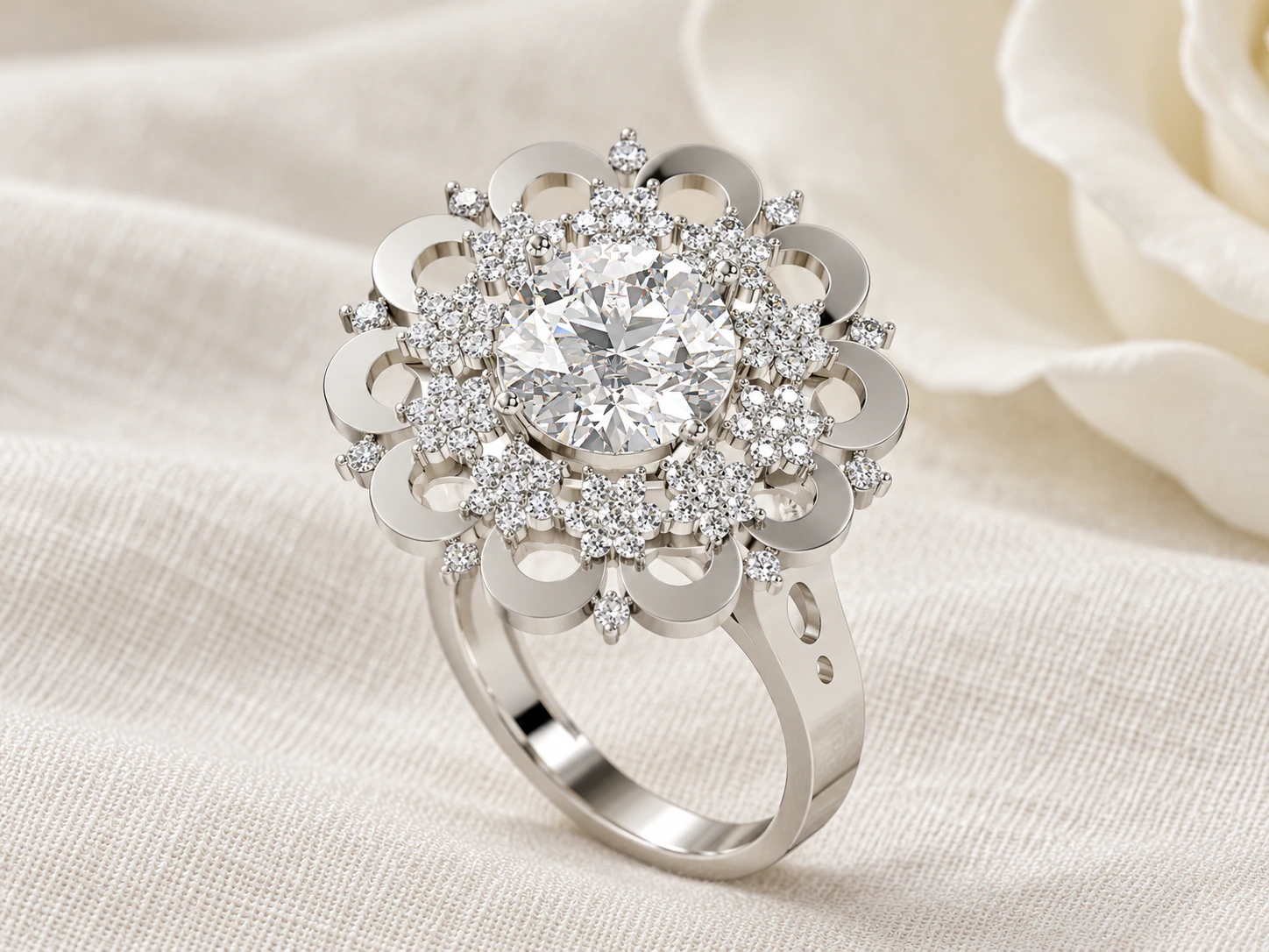 Scalloped Floral Engagement Ring in white gold, product photo