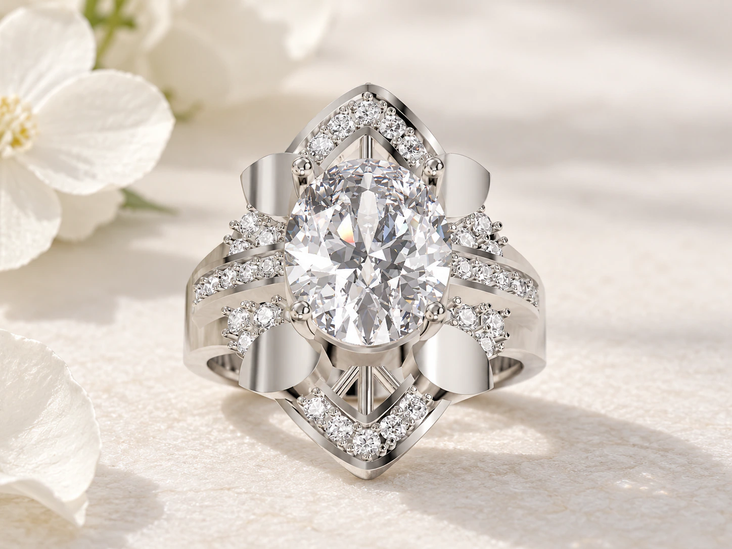 Vintage Navette Frame Engagement Ring in white gold, product photo