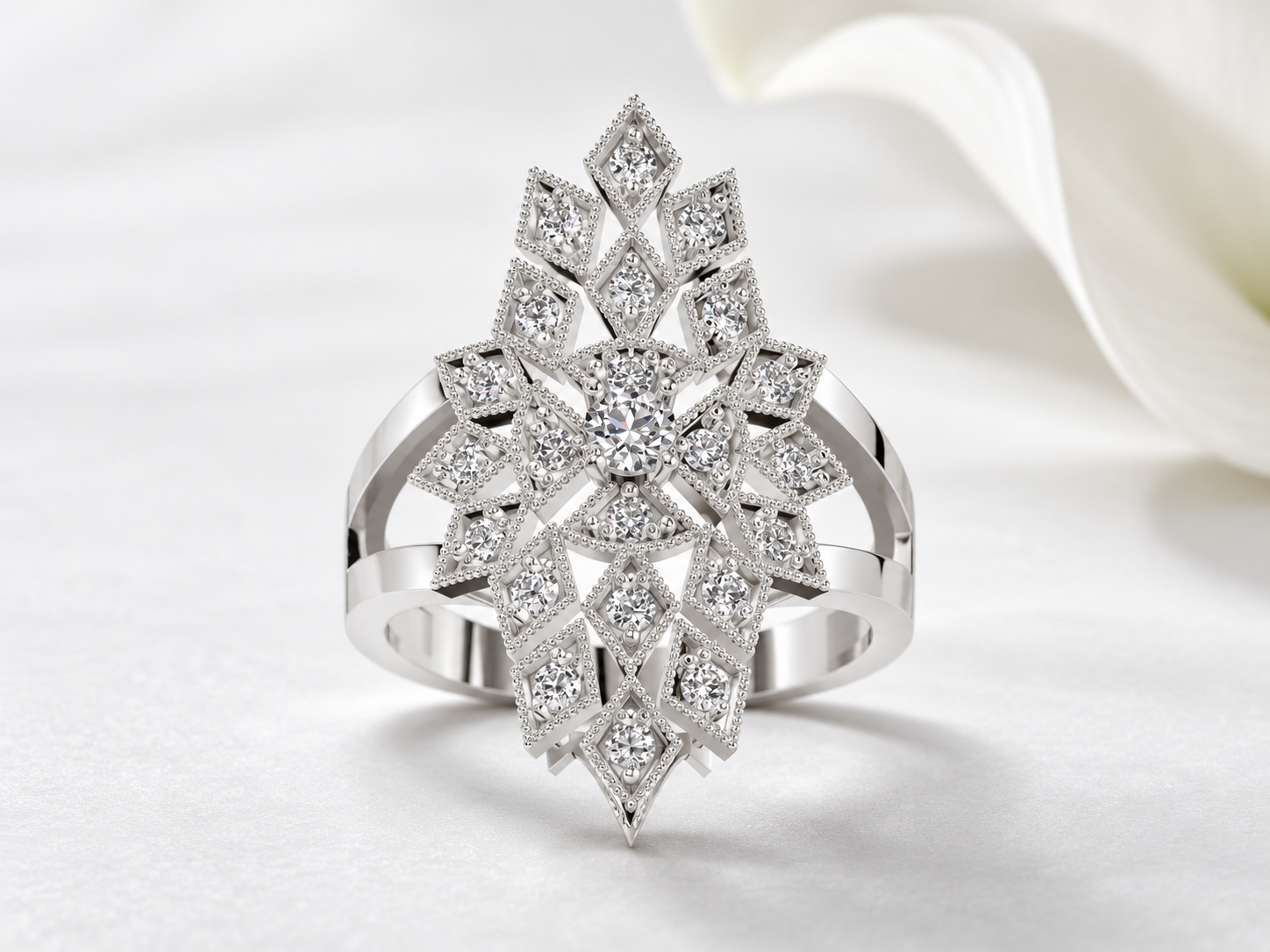 Vintage Milgrain Split-Shank Ring in white gold, editorial product photograph