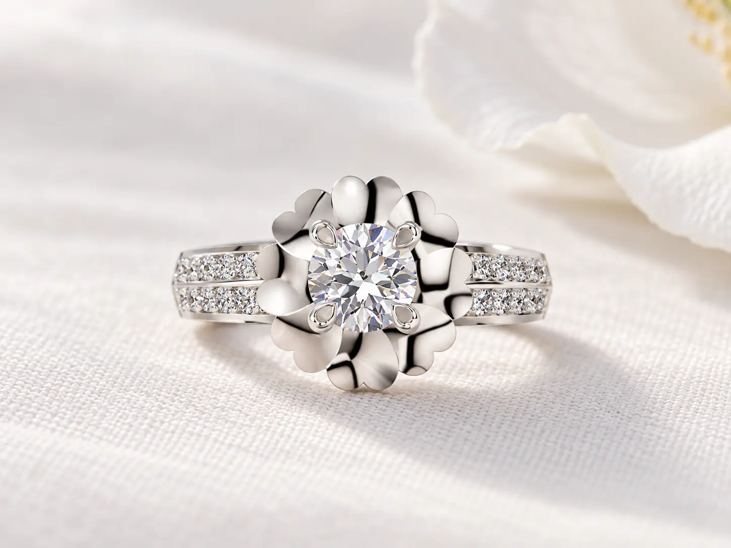 Round Solitaire Double-Row Pavé Engagement Ring in white gold