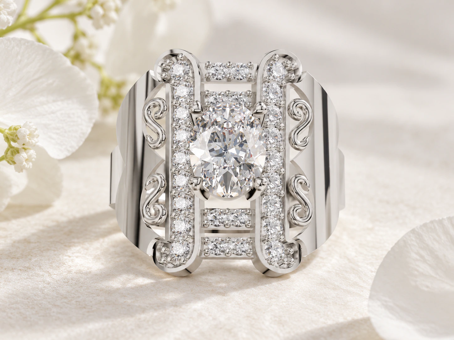 Vintage Scroll Frame Engagement Ring in white gold, product photo