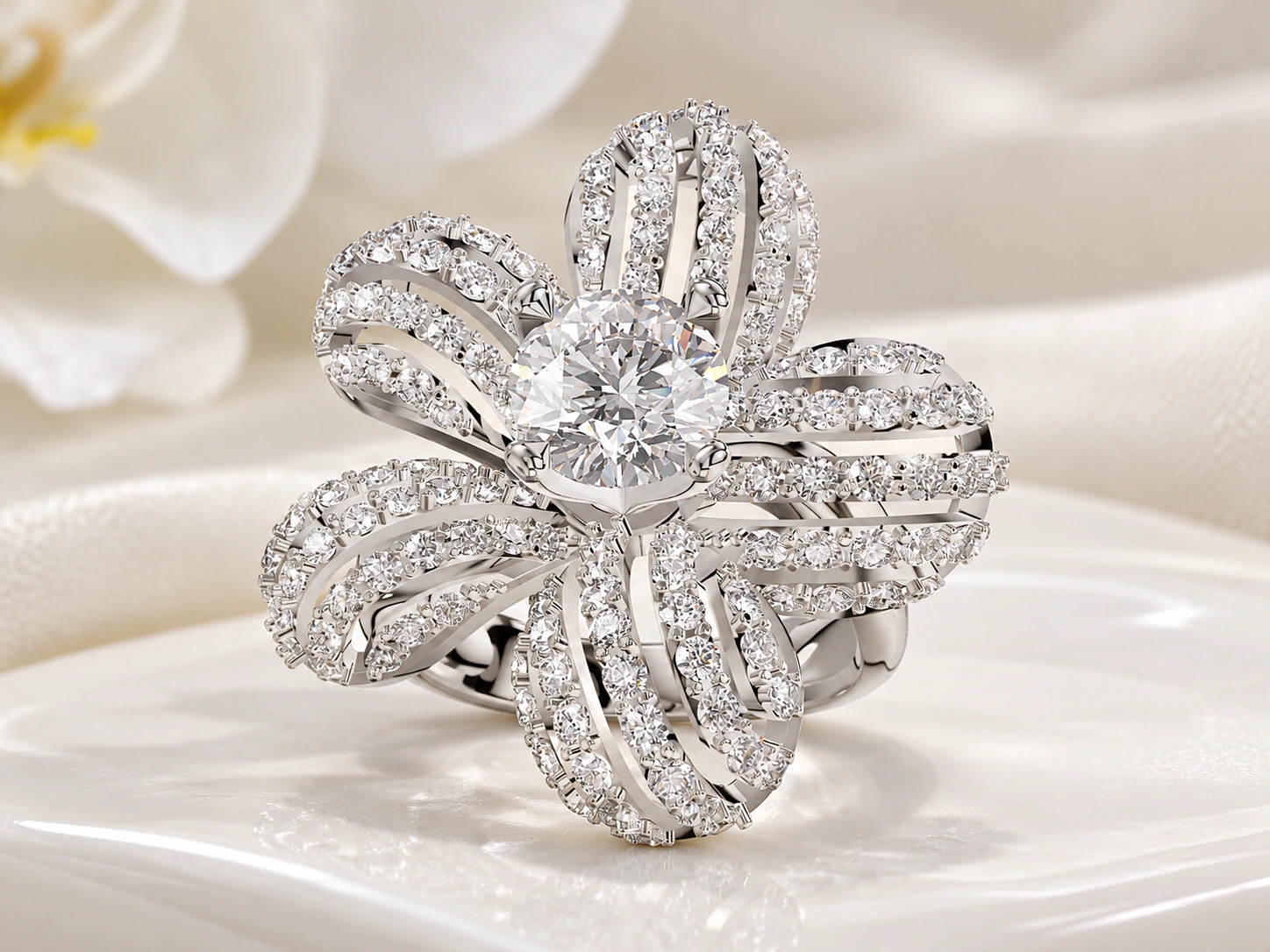 Flower Engagement Ring in white gold, product photo