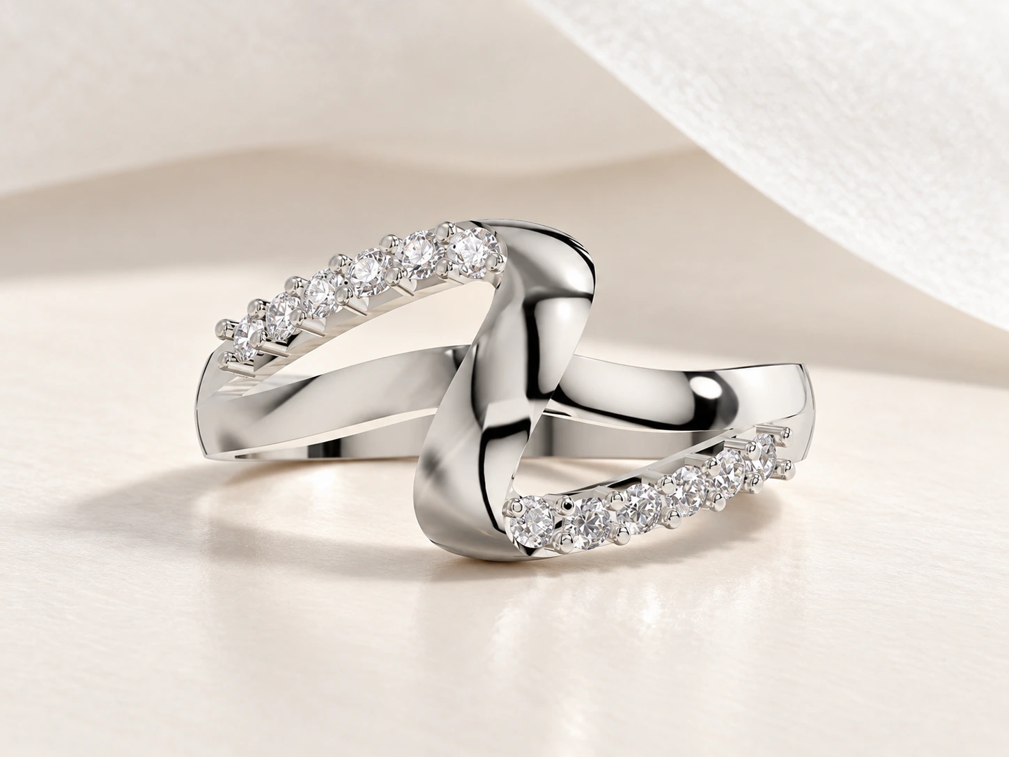 Pavé Crossover Bypass Ring in white gold, product photo
