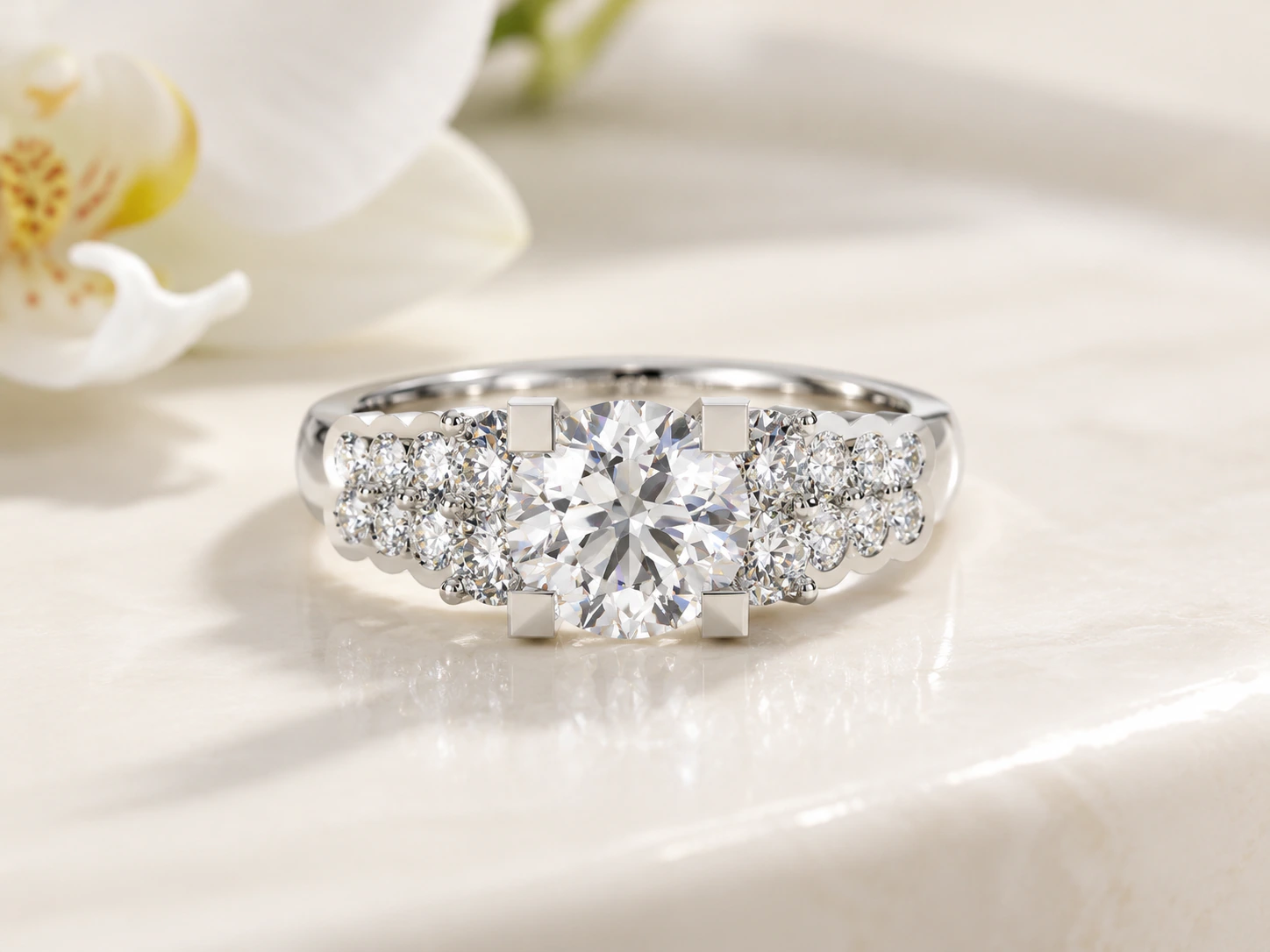 Round Center Triple-Row Pavé Ring in white gold, product photo